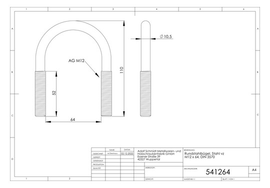 ASW Rundbügel M 12 x 64 mm, Stahl verzinkt