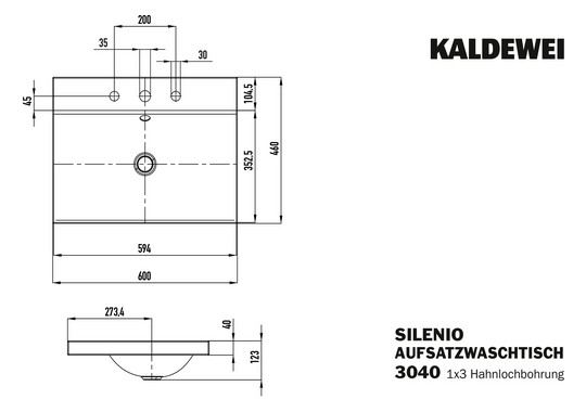 Kaldewei Aufsatz-Waschtisch SILENIO 3040, 60 x 46 x 4 cm, warm grey 60, Überlauf, 3 Hahnlöcher