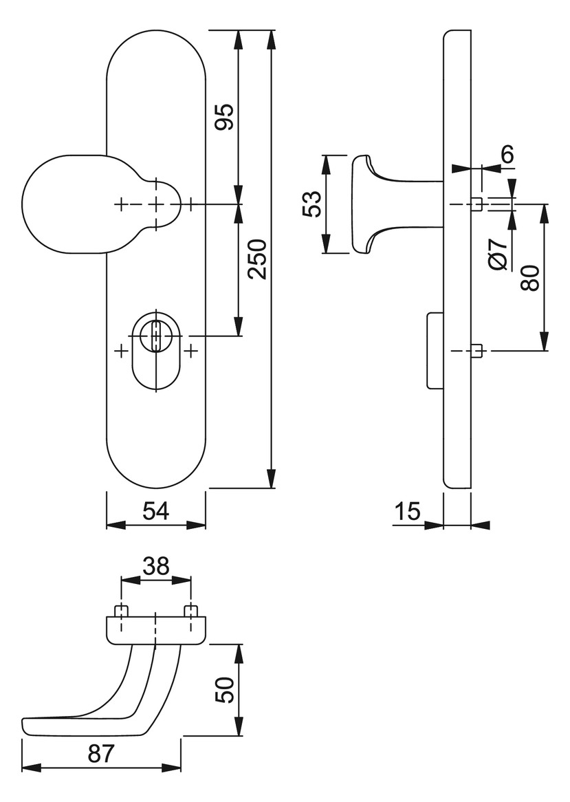 Bild HOPPE Sicherheits-Halbgarnitur 86G/3332ZA, Langschild oval, 15mm, ES 1, mit Zylinderabdeckung, Profilzylinder gelocht, Entfernung 72mm, Vierkant 8mm, Türstärke 37-42mm, schwarz matt eloxiert-1