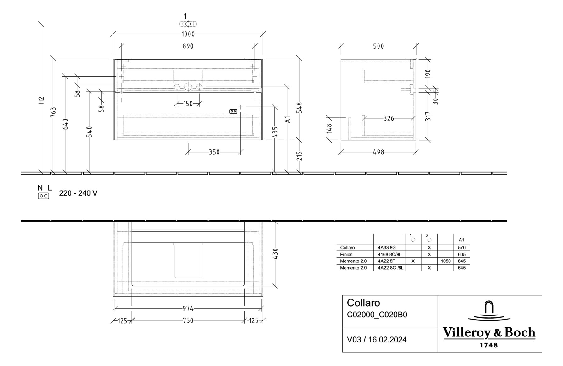 V&B Waschtischunterschrank Collaro 100x54,8x50cm, Waschtisch mittig, LED-Beleuchtung 7,3 W, glossy grey