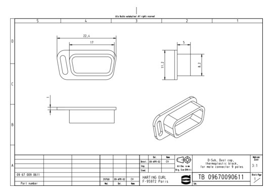 HART D-SUB 9 ABDECKKAPPE F.  09670090611 