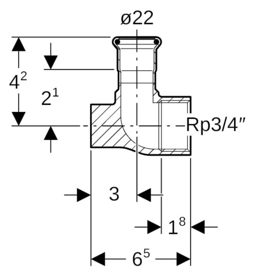 Geberit Gas-Anschlusswinkel abgesetzt Mapress 90Grad, Kupfer, Ø 22 mm x Rp 3/4, Länge 51 mm