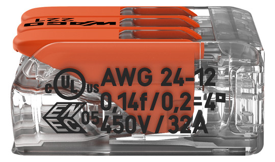 Steckklemme 3f 450V 32A Serie 221 0,2-4qmm m.BetätiHebel f.Massivleiter