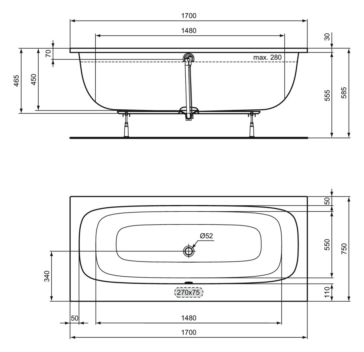 Ideal-Standard Duo-Badewanne i.life 170 x 75 x 45 cm, weiß