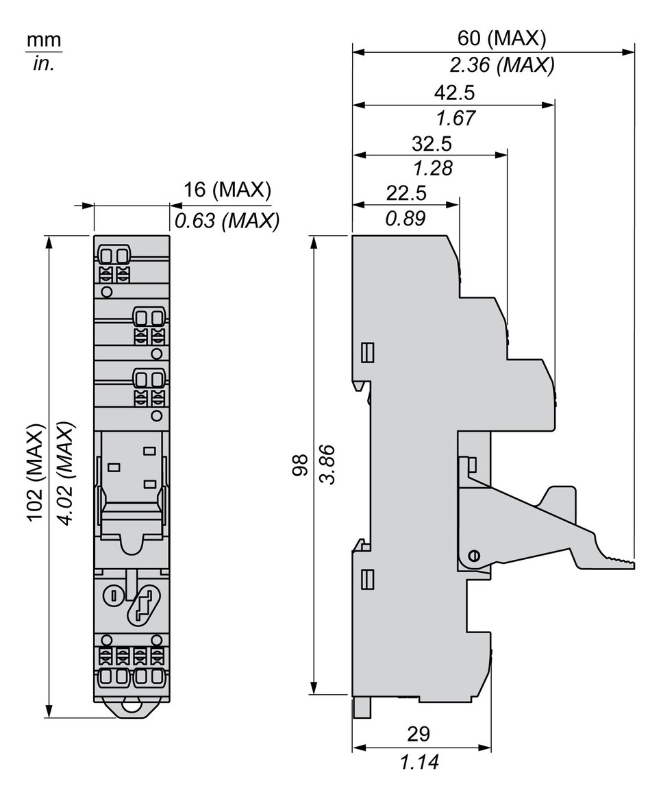 Relaissockel Federzug TS35 5Pins abn.Klemm Hutschiene TH35 16x60x98mm