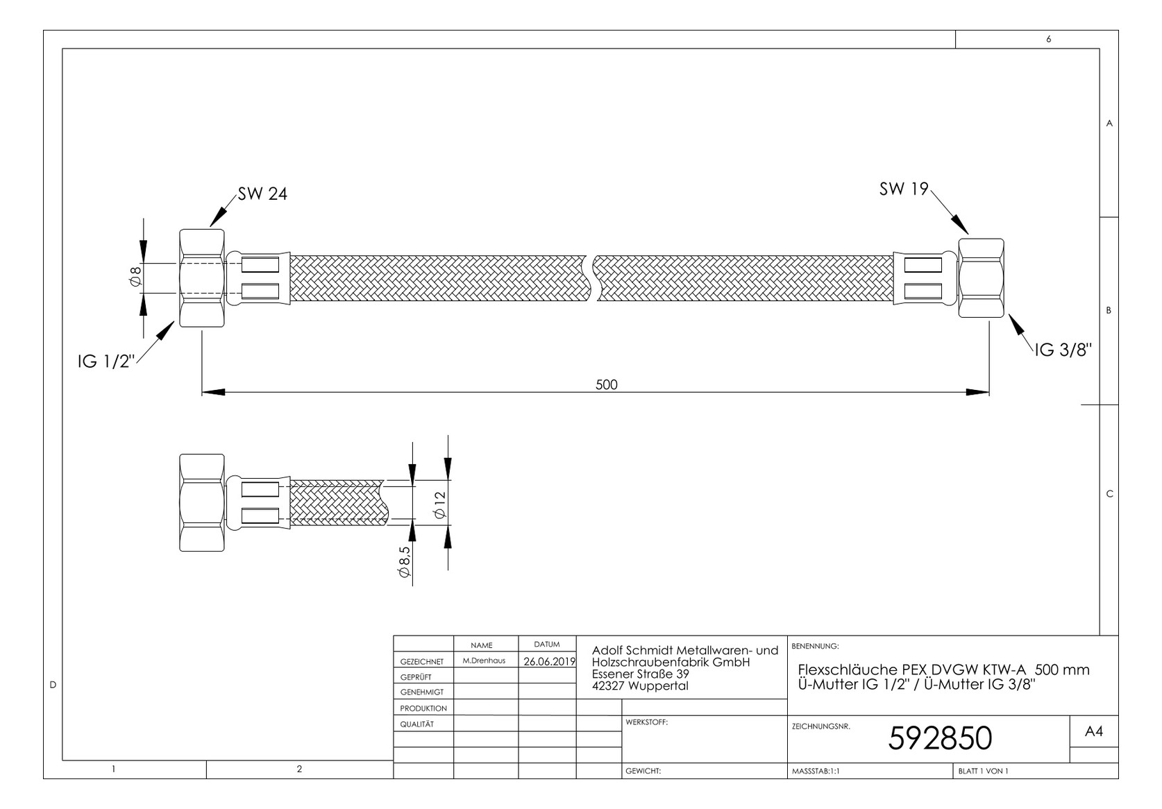 ASW Flex-Trinkwasserschlauch 1/2" x 3/8", 500 mm, Überwurfmutter IG