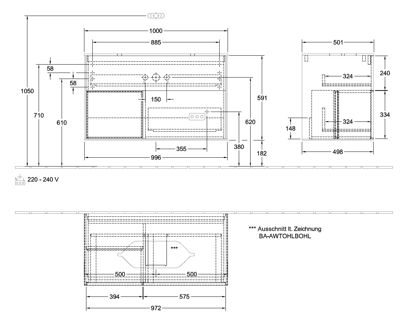 V&B Waschtisch-Unterschrank Finion 100x60,3x50,1cm, Regal links Glossy white lacquer, White matt lacquer