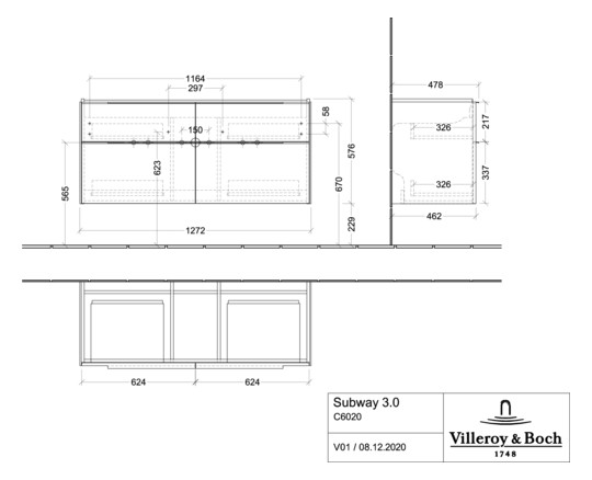 V&B Waschtisch-Unterschrank Subway 3.0 127,2x57,6x47,8cm, ohne LED/Griff Volcano black, kansas oak