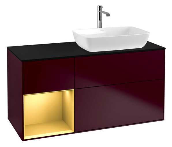 V&B Waschtisch-Unterschrank Finion 120cm, Abdeckplatte black matt, Regal Gold matt lacquer, Peony Matt