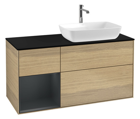 V&B Waschtisch-Unterschrank Finion 120cm, Abdeckplatte black matt, Regal Midnight matt lacquer, Oak Veneer