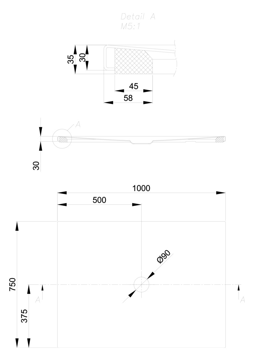 Duschfläche BetteFloor 1651 100x75cm, Glasur, Mini-Wannenträger, smoke