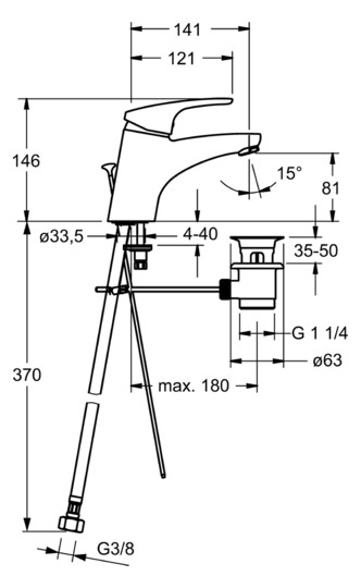 HANSA Waschtisch-Einhebelmischer HANSAMIX mit Ablaufgarnitur, flexible Druckschläuche, Ausladung 141 mm, chrom
