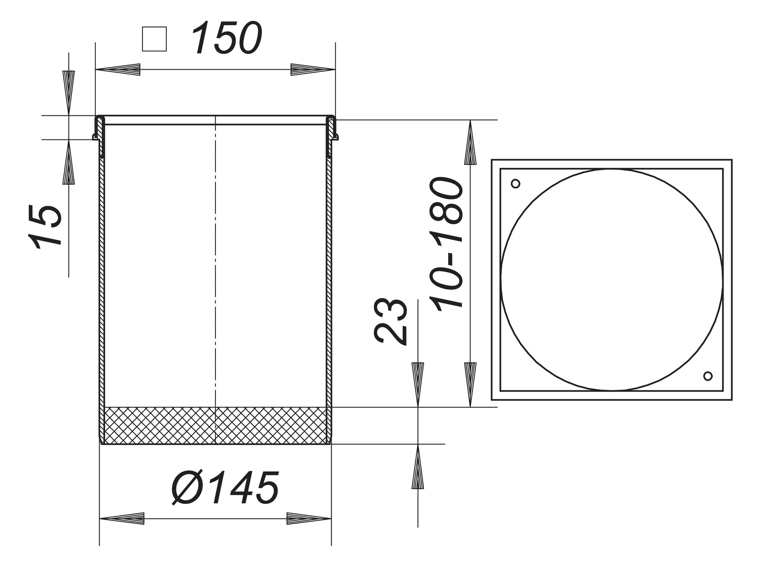 Dallmer Aufsatzrahmen Serie 15 S 15, Edelstahl 1.4404, 150x150mm, mit Gewindeeinsätzen