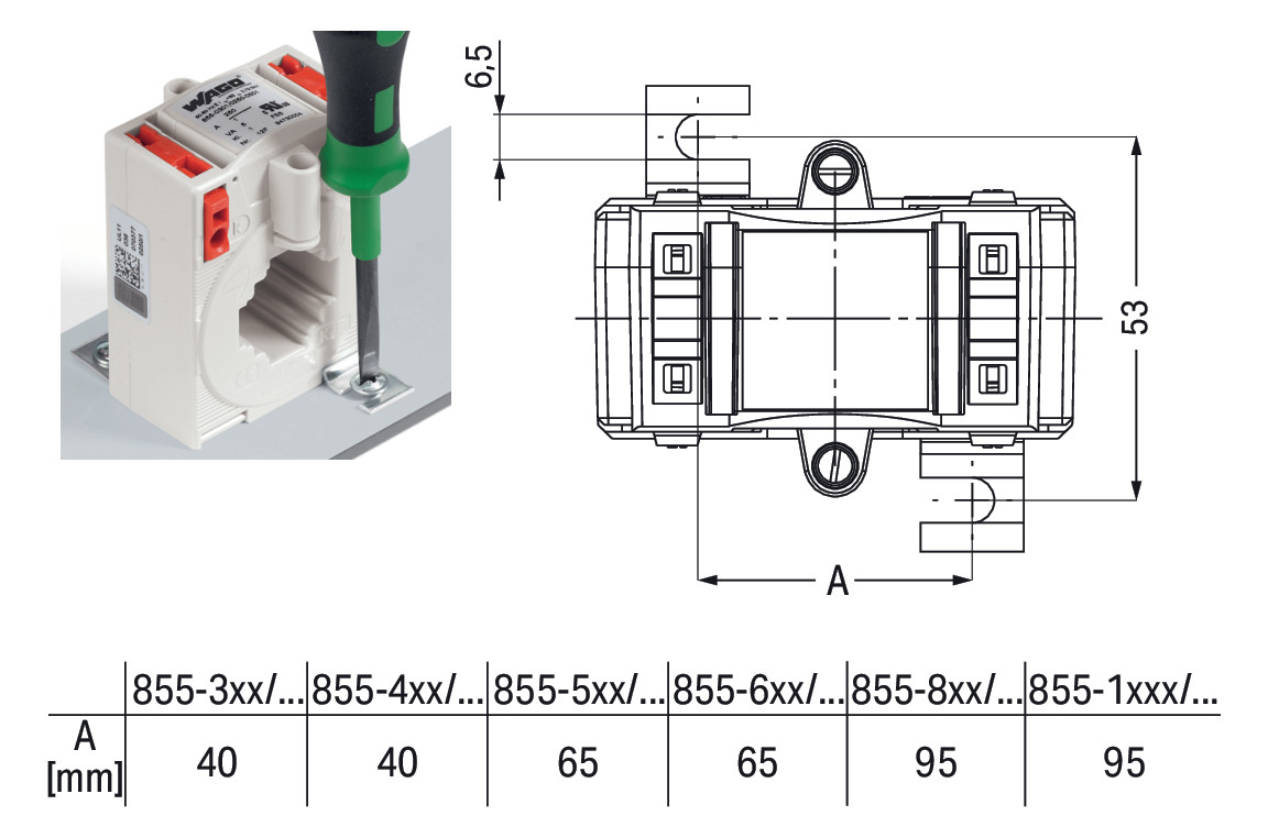 Aufsteckstromwandler Serie 855 Kl=1 5VA 150A/5A m.Berührungss Schnappbef