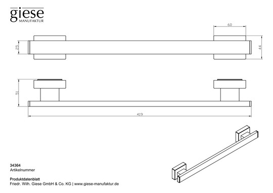 Giese Handtuchhalter mit Magnet, für Heizkörper, 419x51x25mm, schwarz matt