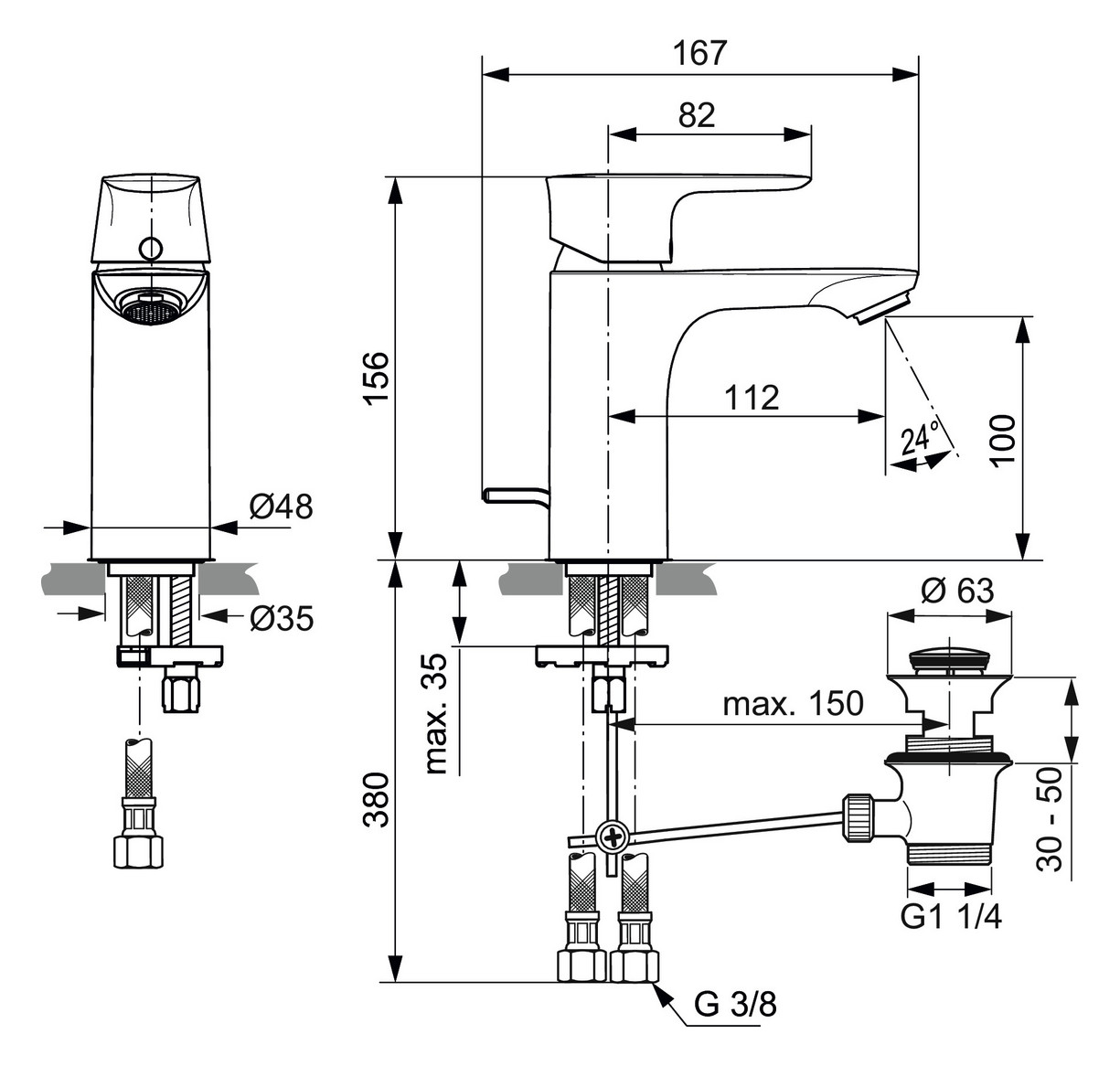 Ideal-Standard Waschtisch-Einhebelmischer Connect Air 5 l/min, Ausladung 112mm, mit Ablaufgarnitur, verchromt