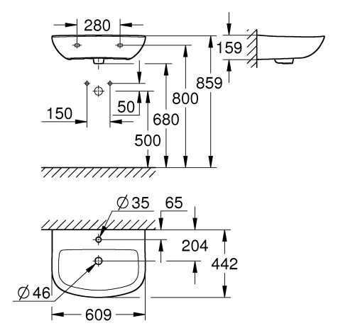 GROHE Waschtisch Bau Keramik 60,9 x 44,2 cm, 1 Hahnloch, mit Überlauf, wandhängend, alpinweiß