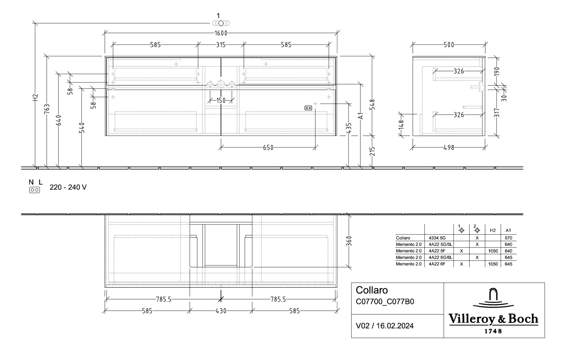V&B Waschtischunterschrank Collaro 160x54,8x50cm, Waschtisch mittig, white wood