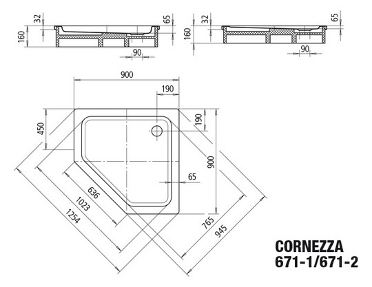 Kaldewei Duschwanne CORNEZZA 671-2 90x90x6,5cm, mit Träger, Antislip, schwarz