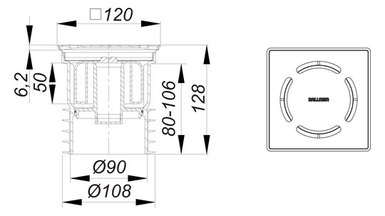 Dallmer Bodenablauf PRONTO Primus Edelstahl 1.4301, DN 100, 120x120mm