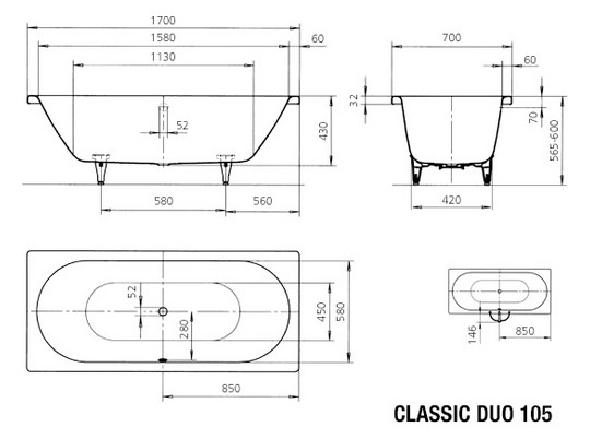 Kaldewei Badewanne CLASSIC DUO 105 170x70cm, Griffloch, Antislip, pergamon