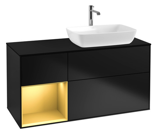 V&B Waschtisch-Unterschrank Finion 120cm, Abdeckplatte black matt, Regal Gold matt lacquer, Black matt lacquer