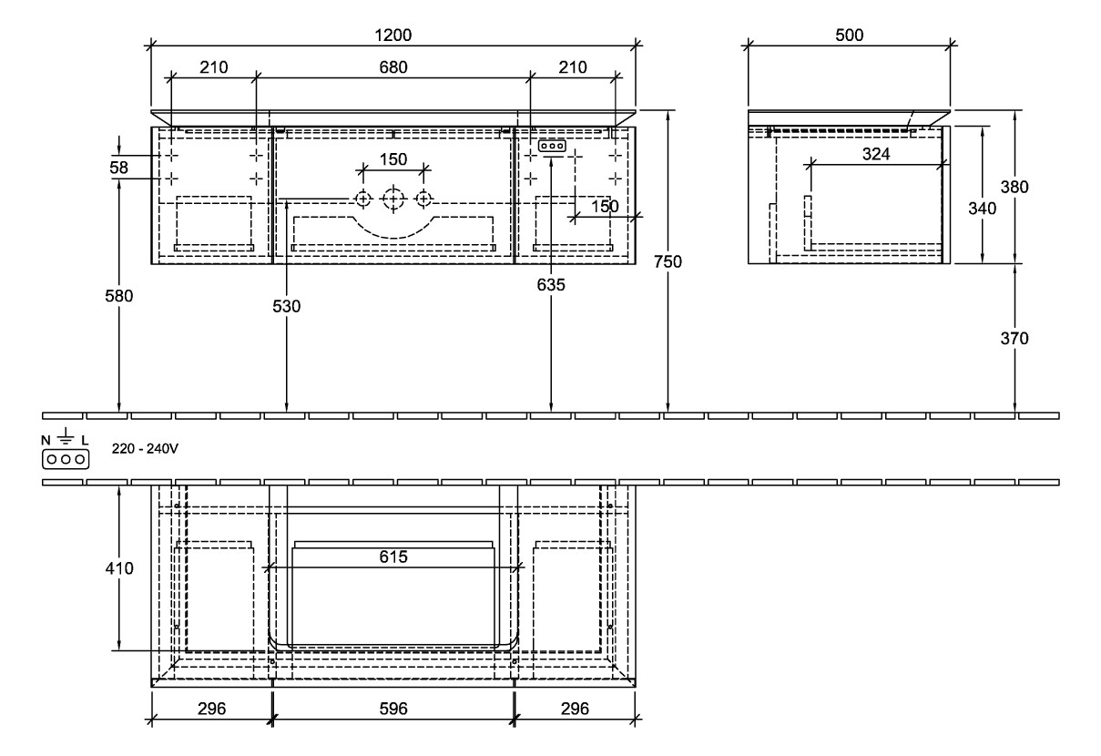 V&B Waschtischunterschrank Legato 120x38x50cm, Waschtisch mittig, Kansas Oak