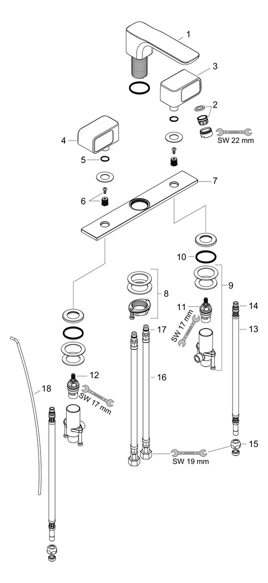 hansgrohe 3-Loch-Waschtischarmatur 50 Axor Urquiola Ausladung 180mm, mit Zugstangen-Ablaufgarnitur, Platte, chrom