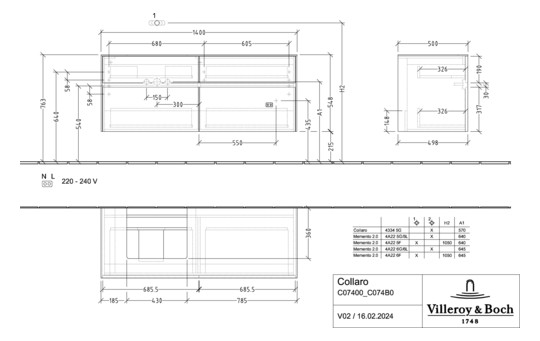 V&B Waschtischunterschrank Collaro 140x54,8x50cm, Waschtisch links, soft grey