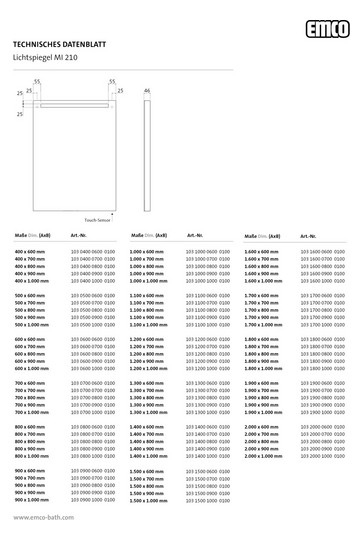 EMCO LED-Lichtspiegel MI 210 1800 x 800 mm, mit horizontalem Lichtausschnitt oben 35mm