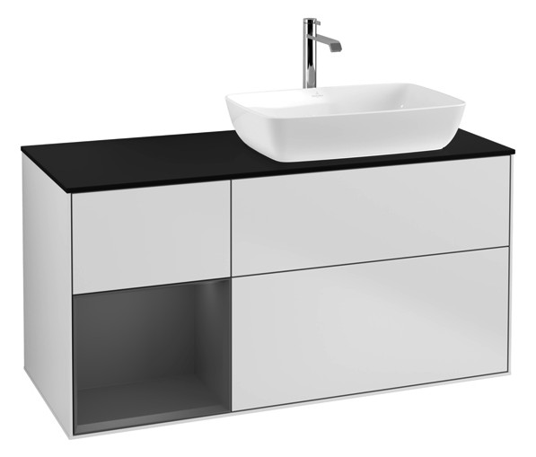 V&B Waschtisch-Unterschrank Finion 120cm, Abdeckplatte black matt, Regal Anthracite matt lacquer, White matt lacquer