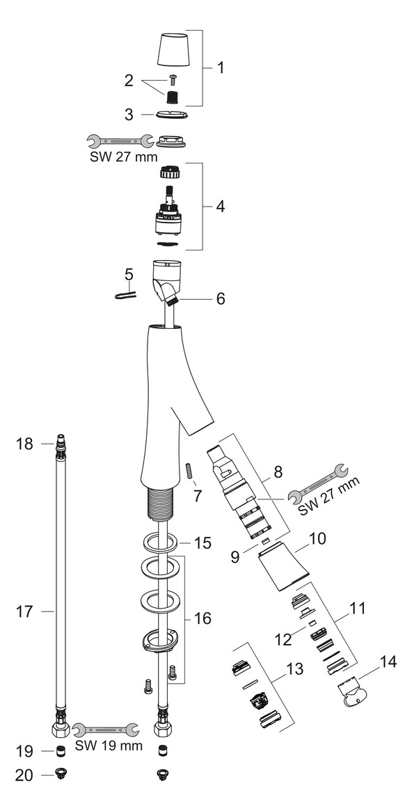 hansgrohe Waschtisch-Zweigriff-Armatur 170 Axor Starck Organic Ausladung 116mm, unverschließbare Ablaufgarnitur, chrom