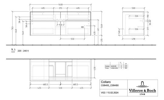 V&B Waschtischunterschrank Collaro 140x54,8x50cm, Waschtisch mittig, glossy white
