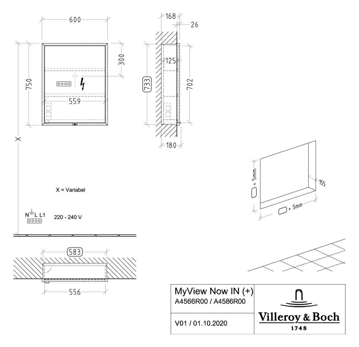 V&B Spiegelschrank MY VIEW NOW 60 x 75 x 16,8 cm, Anschlag rechts, LED-Beleuchtung, 1 Tür, mit Ein-/Ausschalter