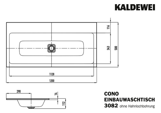 Kaldewei Einbau-Waschtisch CONO 3082, 120 x 50 cm, schwarz matt 100, ohne Überlauf, ohne Hahnloch