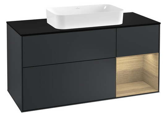 V&B Waschtisch-Unterschrank Finion 120cm, Abdeckplatte black matt, Regal rechts Oak Veneer, Midnight Blue Matt Lacquer