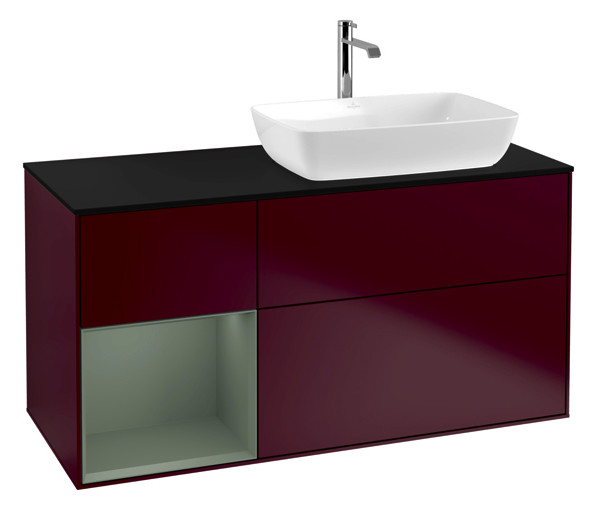 V&B Waschtisch-Unterschrank Finion 120cm, Abdeckplatte black matt, Regal Olive matt lacquer, Peony Matt