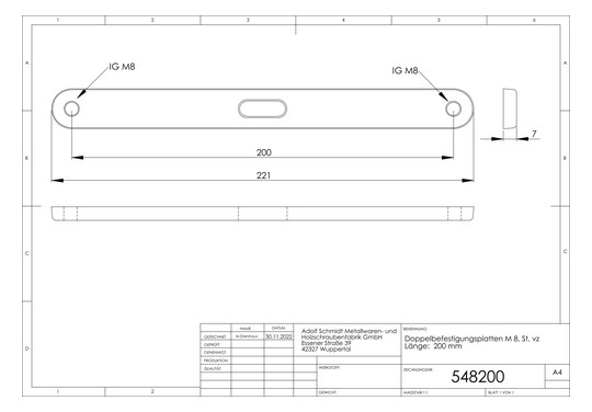 ASW Doppelbefestigungsplatte M 8, Länge 200 mm, Stahl verzinkt