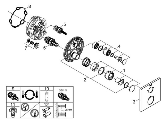 GROHE Fertigmontageset Grohtherm UP-Brause-Thermostat, mit integrierter 2-Wege-Umstellung, eckig, chrom