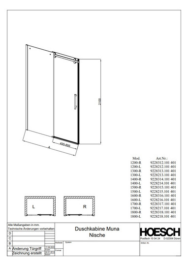 Hoesch Duschabtrennung Nischenversion Muna 170 x 210 cm, rechts, ESG klar mit EverClean