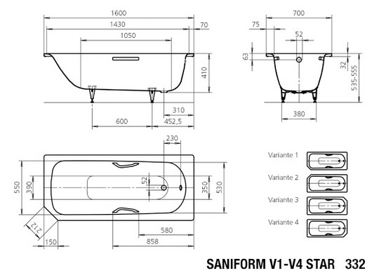 Kaldewei Badewanne SANIFORM STAR 332 160x70cm, Vollantislip, Variante 2, weiß