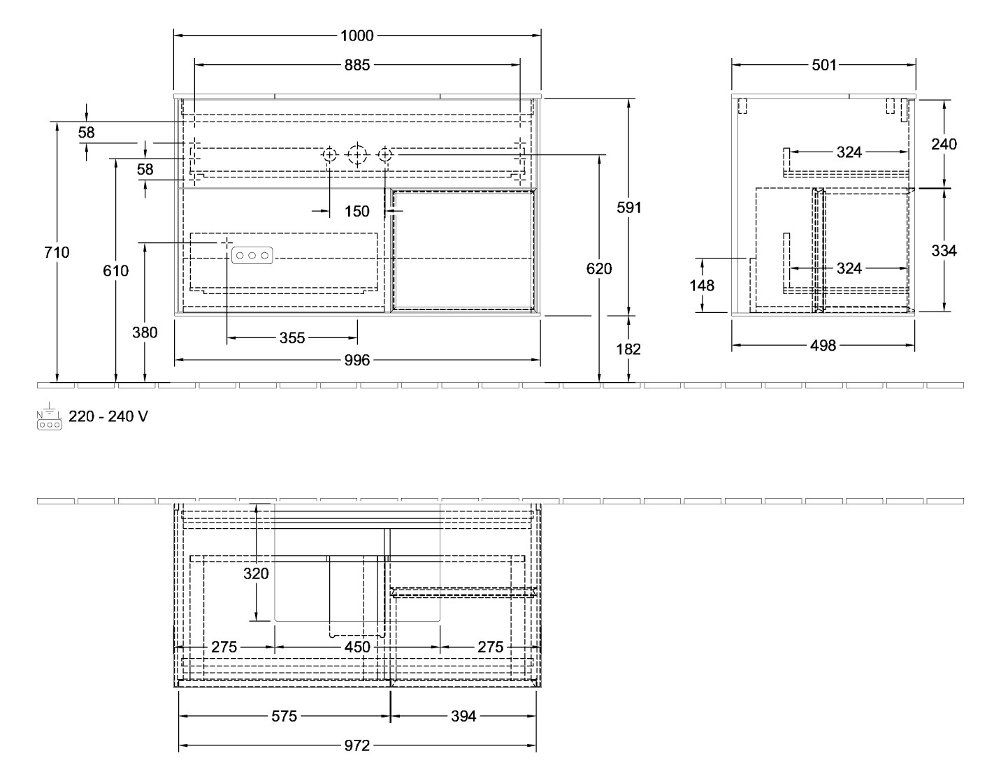 V&B Waschtisch-Unterschrank Wandbeleuchtung Finion 100cm, Abdeckplatte black matt, Regal rechts Midnight Blue Matt Lacquer, Oak Veneer