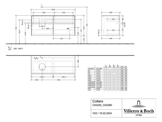 V&B Waschtischunterschrank Collaro 120x54,8x50cm, Waschtisch links, LED-Beleuchtung 8,8 W, truffle grey