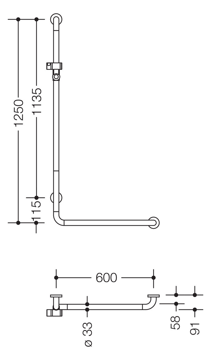 HEWI Winkelgriff 801 600 x 1250 mm, rubinrot, Aluminiumkern, mit Brausehalter