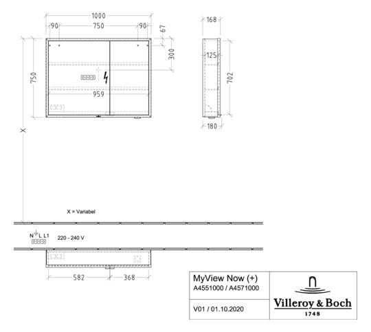 V&B Spiegelschrank MY VIEW NOW 100 x 75 x 16,8 cm, LED-Beleuchtung, 2 Türen, mit Sensorschalter