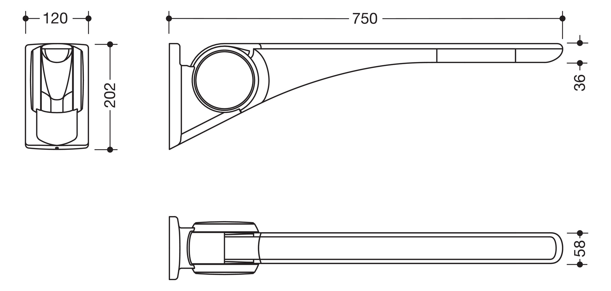 HEWI Stützklappgriff 802 LifeSystem Basic 750, anthrazit hochglanz/anthrazit matt, mit Schild, verchromt