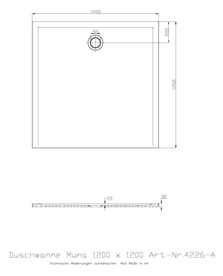 Hoesch Mineralguss-Duschwanne Muna S 120 x 120 x 3 cm, weiß, Solique, ohne Antirutsch