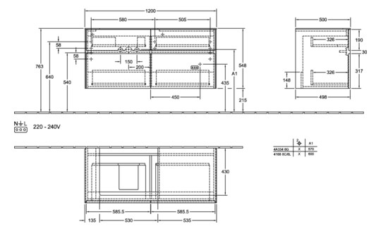 V&B Waschtischunterschrank Collaro 120x54,8x50cm, Waschtisch links, black matt laquer