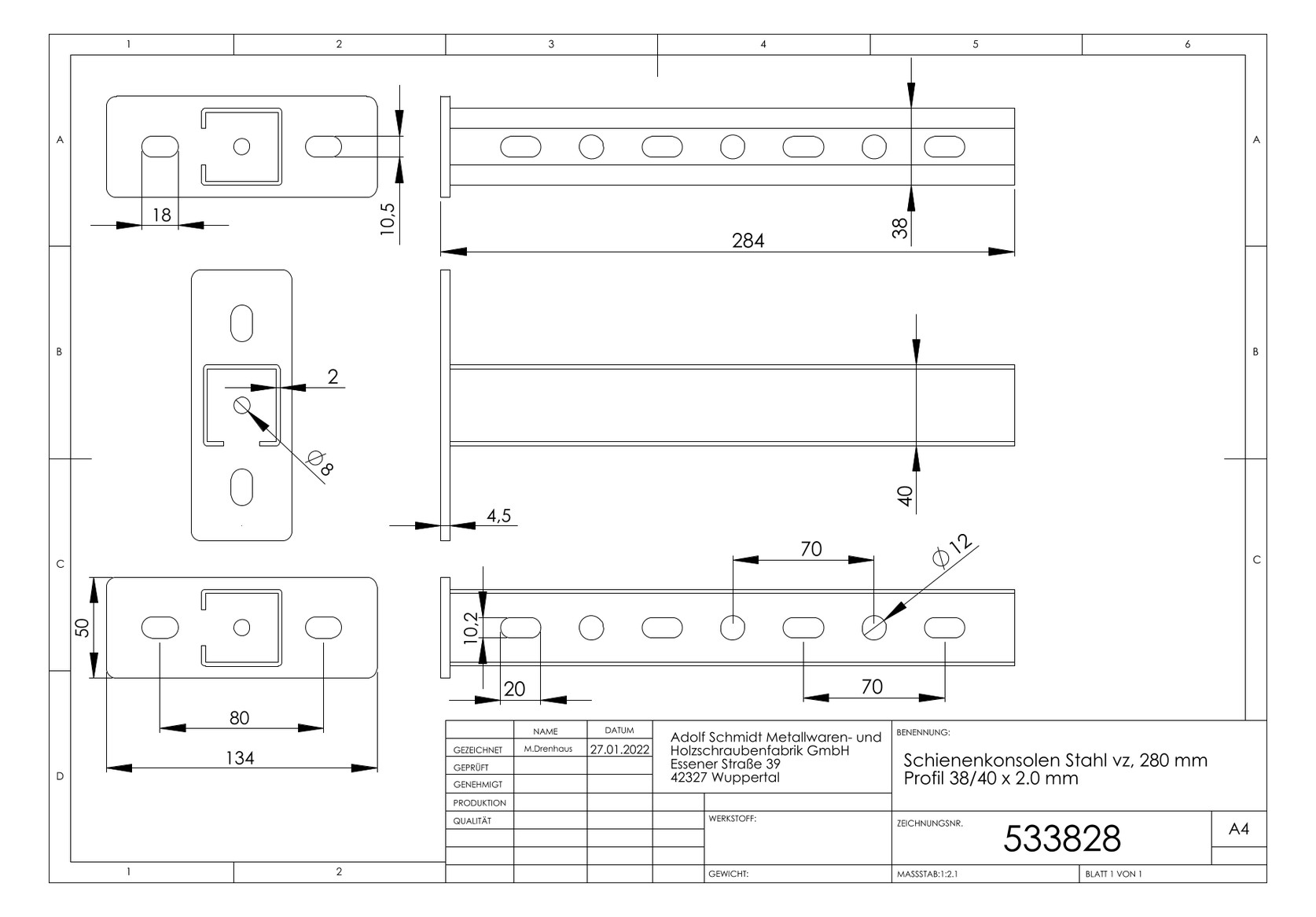 ASW Schienenkonsole 280 mm, Profil 38/40 x 2.0 mm, Stahl verzinkt