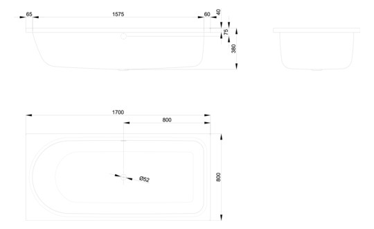 Badewanne BetteOcean Low-Line 8836 Antirutsch Sense, weiß, 170x80x38cm, Fußende rechts, Überlauf hinten